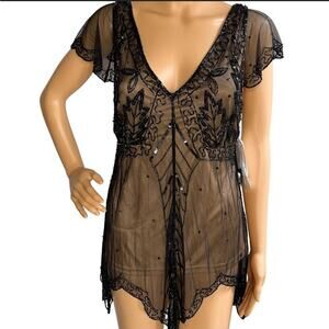 Vintage Deadstock Hand Beaded Scala Gatsby Evening Top Black Gold Nude Sz. L NWT